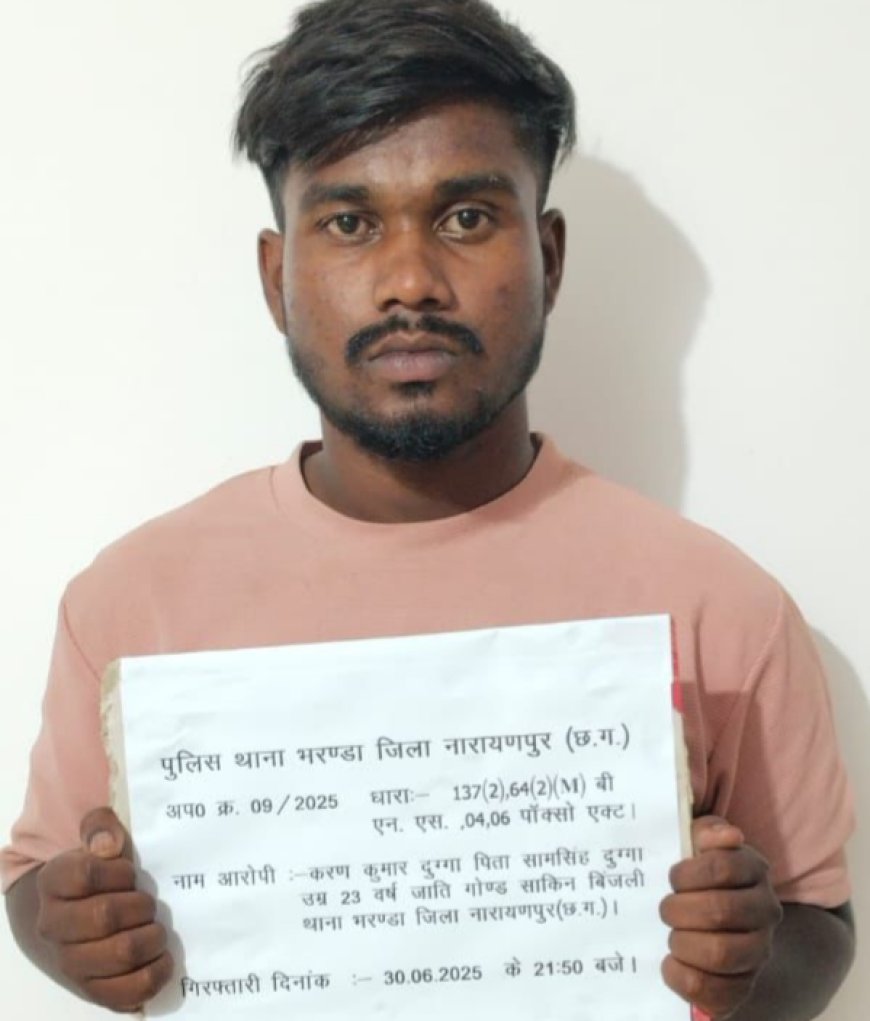 नाबालिक युवती के साथ कई महीनों तक बलात्कार करने वाला आरोपी करण कुमार दुग्गा को नारायणपुर पुलिस ने किया गिरफ्तार