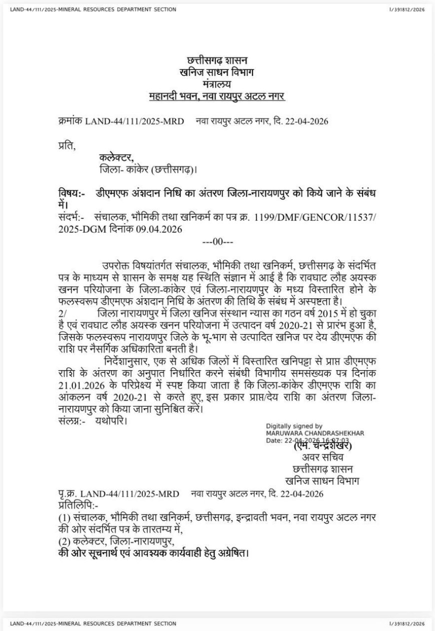 नारायणपुर की लंबी लड़ाई रंग लाई: रावघाट खदान की DMF निधि का हिस्सा मिलेगा, खनिज साधन विभाग ने कांकेर को दिए अंतरण के निर्देश