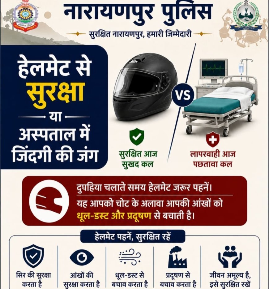 नारायणपुर पुलिस की जनहित अपील: हेलमेट पहनें, सुरक्षित रहें — "हेलमेट आज की सुरक्षा है, ताकि कल सुरक्षित और खुशहाल हो"