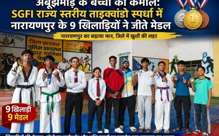 अबूझमाड़ के बच्चों का कमाल: SGFI राज्य स्तरीय ताइक्वांडो स्पर्धा में नारायणपुर के 9 खिलाड़ियों ने जीते मेडल
