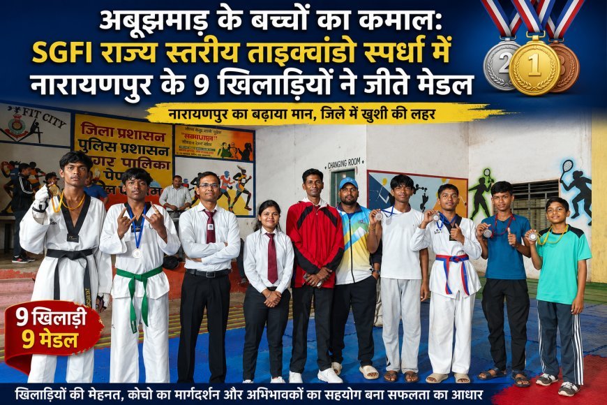 अबूझमाड़ के बच्चों का कमाल: SGFI राज्य स्तरीय ताइक्वांडो स्पर्धा में नारायणपुर के 9 खिलाड़ियों ने जीते मेडल